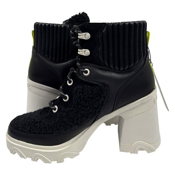 Sorel Brex Heel Cozy Lace Bootie Womens 8 Black Leather Faux Shearling White - Picture 2 of 10